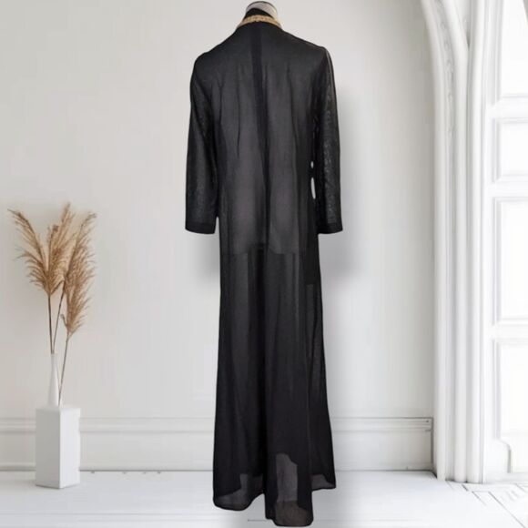 Vintage 70s Black Sheer Sparkle Caftan Size L Gold Braid Trim Zip Maxi Roper - Picture 3 of 16